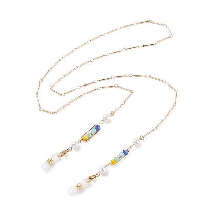 Brass Bar Link EyeGlass Chains, with Shell Pearl & Glass Beads, 304 Stainless Steel Findings, Rubber Loop Ends, Golden