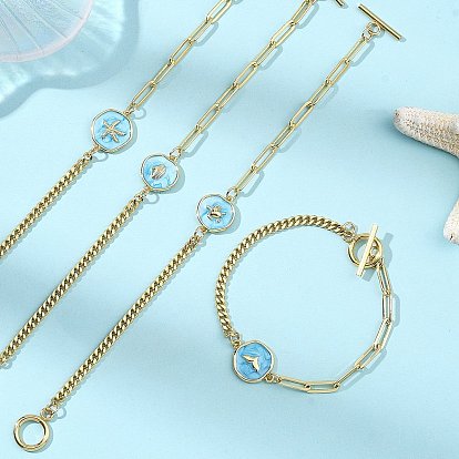 Браслеты из латуни с эмалью и морской тематикой., латунные цепочки-скрепки и панцирные браслеты для женщин, плоская круглая форма с рыбьим хвостом/морской звездой/ракушкой/черепахой