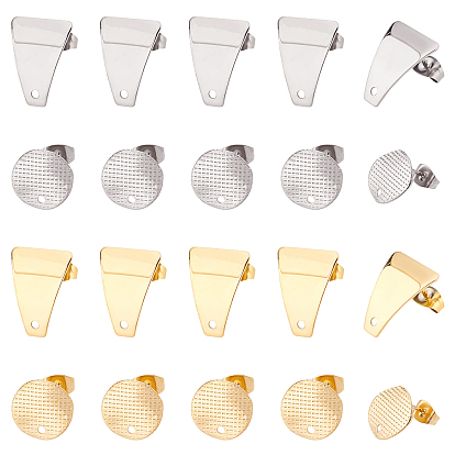 24Pcs Flat Round & Trapezoid 304 Stainless Steel Stud Earring Findings, with Loop