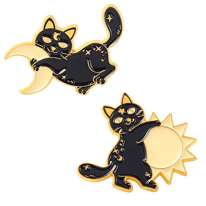 Vintage Style Animal Brooch Set - Moon Black Cat, Sun Cat & Spurs Pin Badge