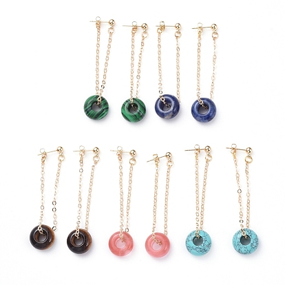 Gemstone Dangle Stud Earrings, with Brass Stud Earring Findings, Brass Cable Chains and Ear Nuts, Rondelle