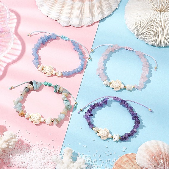 4шт. браслеты из плетеных бусин с натуральными драгоценными камнями, регулируемые плетеные браслеты из синтетической бирюзы и натуральных ракушек, с нейлоновой нитью