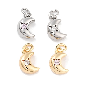 Brass Micro Pave Cubic Zirconia Pendants, Moon, with Jump Ring, Platinum/Real 18K Gold Plated