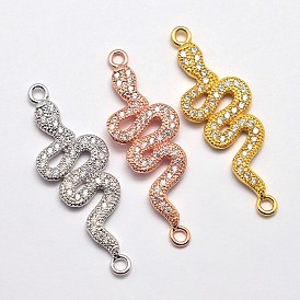 CZ Brass Micro Pave Cubic Zirconia Links, Cadmium Free & Nickel Free & Lead Free, Snake, 34.5x11.5x2mm, Hole: 1mm