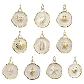 10 Stück 10 Stile Ozean Messing Emaille Anhänger, flache runde Charme, mit Sprungring, echt 18 k vergoldet