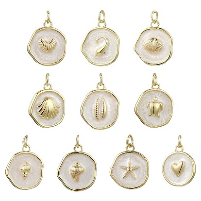 10 Stück 10 Stile Ozean Messing Emaille Anhänger, flache runde Charme, mit Sprungring, echt 18 k vergoldet