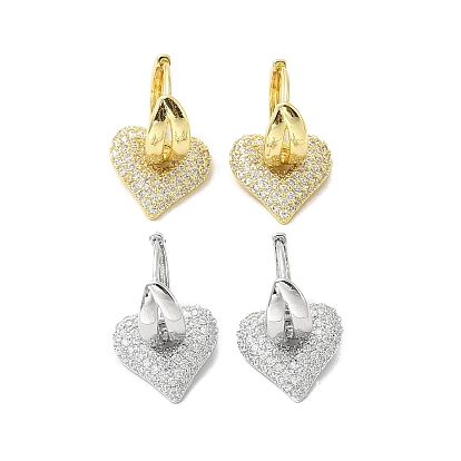 Valentine's Day Heart & Leaf Clear Cubic Zirconia Dangle Hoop Earrings, Brass Jewelry for Women