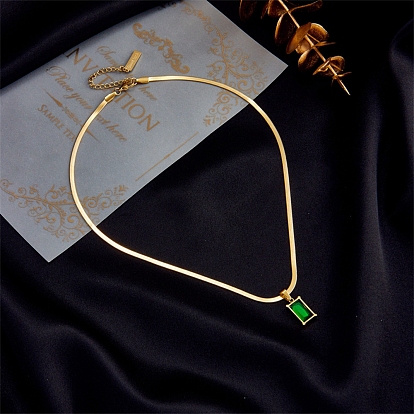 Sea Green Cubic Zirconic Rectangle Pendant Necklace, with Golden 304 Stainless Steel Herringbone Chains
