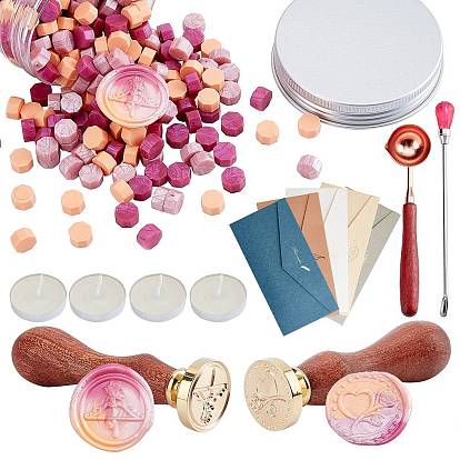 Diy наборы штампов с восковой печатью, включая латунную печать сургучной печати, деревянная ручка, частицы сургуча, железная палочка для перемешивания ложка, латунная ложка, свеча, бумажный конверт