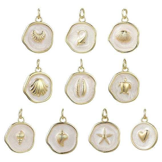 10Pcs 10 Styles Ocean Brass Enamel Pendants, Flat Round Charms, with Jump Ring, Real 18K Gold Plated