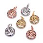 Brass Micro Pave Cubic Zirconia Charms, with Jump Rings, Flat Round with Tree of Life, Colorful
