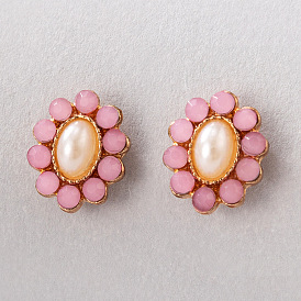 Bohemian Style Faux Pearl Earrings with Single Color Rhinestone Geometric Flower Studs