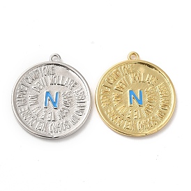 Rack Plating Brass Enamel Pendant, Lead Free & Cadmium Free, Long-Lasting Plated, Flat Round with Letter N Charm