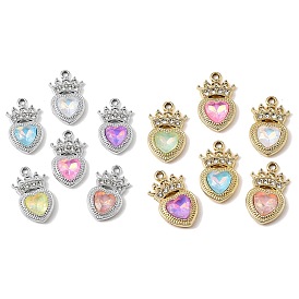 UV Plating Alloy Glass Pendants, Heart with Crown Charm, with Rhinestone, Faceted, Mixed Color
