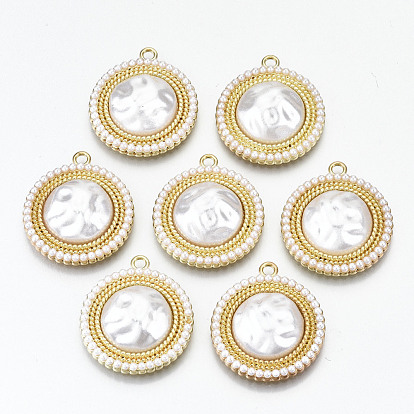 Rack Plating Pendants, with White ABS Plastic Imitation Pearl, Cadmium Free & Nickel Free & Lead Free, Flat Round