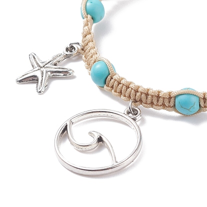 Synthetic Turquoise Braided Bead Bracelet, Starfish & Shell & Wave Alloy Charms Adjustable Bracelet for Women