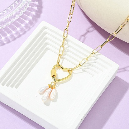 Natural Baroque Keshi Pearl Stick Pendant Brass Paperclip Chain Necklaces with Heart Clasps, Floral White