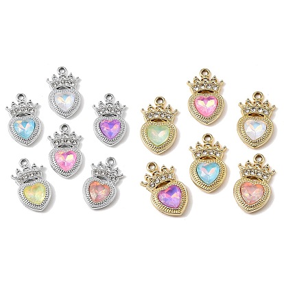 UV Plating Alloy Glass Pendants, Heart with Crown Charm, with Rhinestone, Faceted, Mixed Color