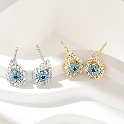 Серьги-гвоздики из латунного микро-паве, стойки покрытие, без свинца и без кадмия, слеза