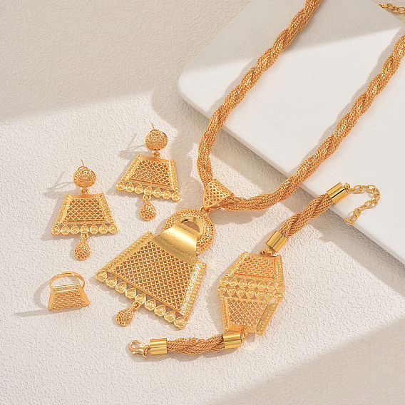 Комплекты из полых трапециевидных браслетов, серег, ожерелий и колец из сплава для женщин