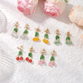 5 Pairs Cat Eye Dangle Stud Earrings, Round, with 304 Stainless Steel and Brass