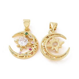 Brass Micro Pave Cubic Zirconia Pendants, Moon with Sparkling Star Charm