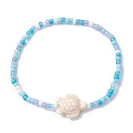 Glass with Dyed Synthetic Turquoise Beaded Stretch Bracelets, Tortoise