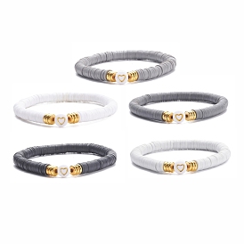 5Pcs 5 Color Handmade Polymer Clay Heishi Surfer Stretch Bracelets Set, Acrylic Heart Beaded Preppy Bracelet Women