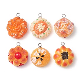 6Pcs 6 Styles Resin Imitation Food Pendants, Bread Charms with Platinum Plated Iron Loops