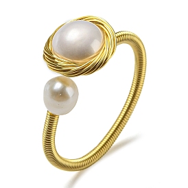 Natural Pearl Open Cuff Ring, Brass Wire Wrap Finger Ring