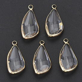 Transparent Glass Pendants, with Light Gold Plated Brass Findings, Faceted, Teardrop