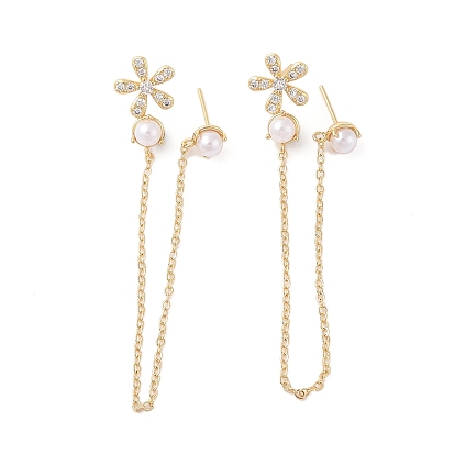 Серьги-гвоздики из латуни с микро-паве из прозрачного кубического циркония для женщин, с пластмассовой жемчужиной abs, без кадмия и без свинца, долговечный, цветок