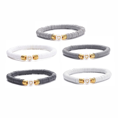 5Pcs 5 Color Handmade Polymer Clay Heishi Surfer Stretch Bracelets Set, Acrylic Heart Beaded Preppy Bracelet Women