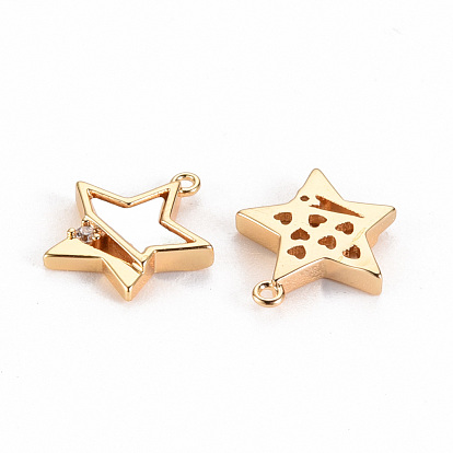 Brass Micro Pave Clear Cubic Zirconia Charms, with Natural Shell, Nickel Free, Star