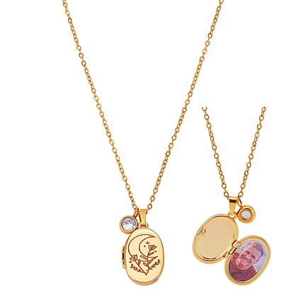 Овальные медальоны с подвеской из нержавеющей стали с принтом луны, с 304 плоские круглые подвески из нержавеющей стали с прозрачными кубическими цирконами