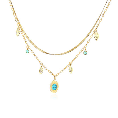 Minimalist Titanium Steel Necklace for Women with 18K Gold Plating and Turquoise Double Layered Design