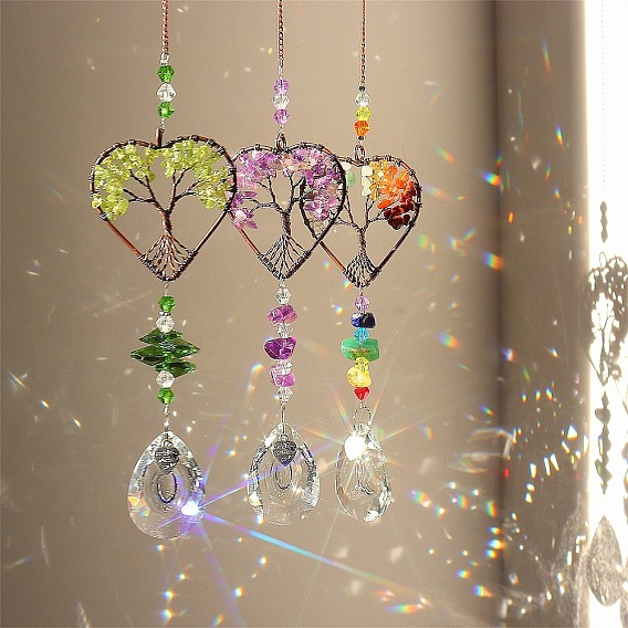 Gemstone Chip Wrapped Heart with Tree of Life Hanging Ornaments, Glass Teardrop Tassel Suncatchers for Home Outdoor Decoration