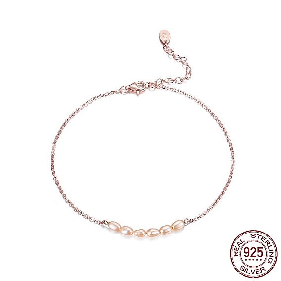 925 Sterling Silver Cable Chain Anklet with Natural Freshwater Pearls, Women's Jewelry for Summer Beach, with S925 Stamp