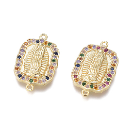 Religion Theme Brass Micro Pave Cubic Zirconia Links/Connectors, Rectangle with Virgin Mary, Colorful