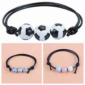 Plastic Football Braided Bead Bracelet, Wax Cord Adjustable Bracelet