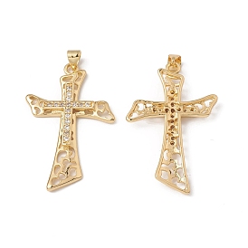 Rack Plating Brass Pendants, with Cubic Zirconia, Religion Cross Charm, Cadmium Free & Lead Free, Long-Lasting Plated
