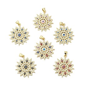 Rack Plating Brass Micro Pave Clear Cubic Zirconia Pendants, with Enamel, Cadmium Free & Lead Free, Real 18K Gold Plated, Flower with Evil Eye