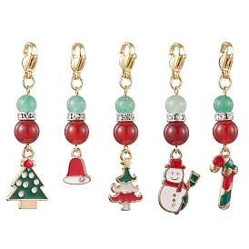 Christmas Tree/Bell/Snowman/Candy Cane Alloy Enamel Pendant Decorations, Natural Carnelian & Green Aventurine Charms for Bag Key Chain Ornaments