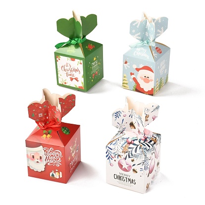 Christmas Theme Paper Fold Gift Boxes, with Ribbon, for Presents Candies Cookies Wrapping