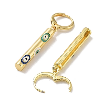 Real 18K Gold Plated Brass Dangle Leverback Earrings, with Enamel, Column with Evil Eye