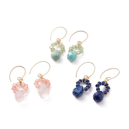 Golden Brass Faceted Teardrop Dangle Earrings, with Natural Malaysia Jade Beads