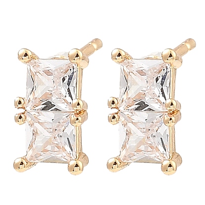 Brass Pave Clear Cubic Zirconia Rectangle Stud Earrings, for Women
