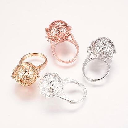 Adjustable Brass Rings, Prayer Box Rings, Hollow, Round with Heart, Cadmium Free & Lead Free, Size 7