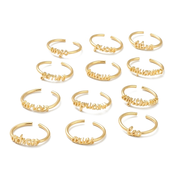 12 Constellation/Zodiac Sign Brass Cuff Rings, Open Rings, Real 18K Golden Plated