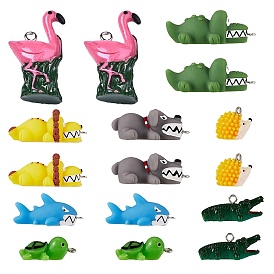 16Pcs 8 Style Opaque Resin Pendants, with Platinum Tone Iron Loop, Crocodile, Tortoise, Flamingo, Hedgehog, Shark, Dog, Lion